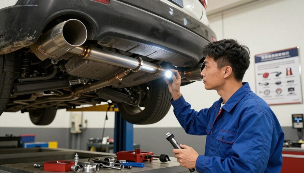 A detailed car exhaust system maintenance scene in an auto workshop, showcasing a professional mechanic in a blue uniform inspecting an exhaust pipe with tools in hand. In the foreground, focus on the mechanic carefully checking the connection points with a flashlight, emphasizing attention to detail. The middle ground features a lifted car, revealing a clean, well-maintained exhaust system, while various mechanical tools and parts are neatly organized on a workbench. In the background, the workshop is well-lit, with posters on emissions compliance and proper maintenance techniques. The atmosphere is industrious and professional, with warm lighting to create a welcoming ambiance. Capture the image from a slightly low-angle perspective to emphasize the mechanic’s expertise.