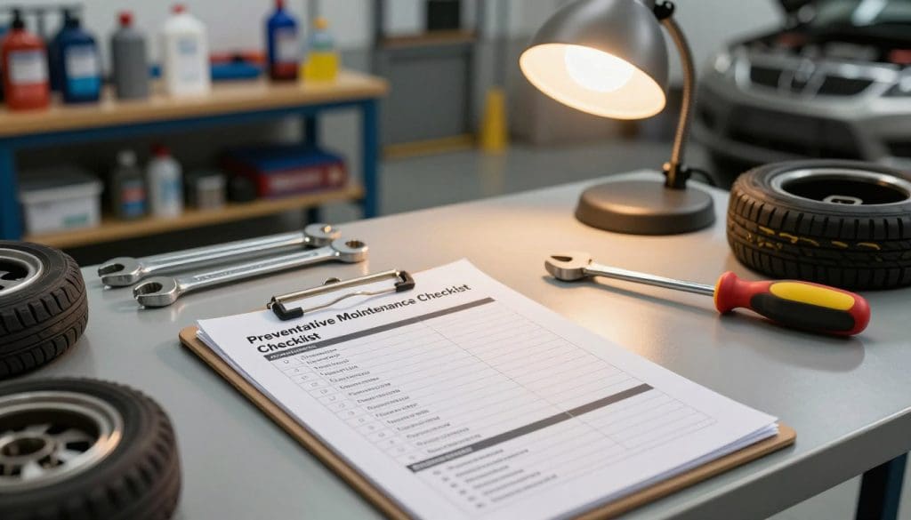 A detailed car maintenance checklist laid out on a clean, organized mechanic's workbench. The foreground features a clipboard with a professionally designed checklist titled “Preventative Maintenance Checklist,” highlighting key tasks such as oil changes, tire rotations, and brake inspections. In the middle ground, tools like wrenches and screwdrivers are neatly arranged, with a glowing garage lamp casting a warm light over everything, creating a cozy, industrious atmosphere. The background shows a well-organized garage with a workbench and shelves stocked with car care supplies. The overall mood is one of diligence and professionalism, inviting drivers to embrace preventative maintenance for their vehicles. The lighting is bright, emphasizing the tools and checklist, and the scene is captured from a slightly elevated angle for a comprehensive view.