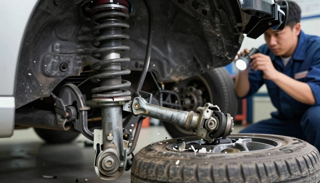 A detailed close-up view of a car's suspension system showing clear signs of damage. In the foreground, focus on a visibly bent control arm and a cracked coil spring, with metal fragments scattered around. The middle ground features worn-out tires, and a disheveled steering knuckle, indicating prolonged wear. In the background, a partially visible mechanic in a professional uniform inspects the undercarriage of the car with a flashlight, highlighting the technical examination process. The lighting is bright and clinical, emphasizing details in the damaged parts, with shadows enhancing the contours of components. The atmosphere should feel serious and informative, capturing the critical nature of vehicle maintenance and safety. A detailed close-up view of a car's suspension system showing clear signs of damage. In the foreground, focus on a visibly bent control arm and a cracked coil spring, with metal fragments scattered around. The middle ground features worn-out tires, and a disheveled steering knuckle, indicating prolonged wear. In the background, a partially visible mechanic in a professional uniform inspects the undercarriage of the car with a flashlight, highlighting the technical examination process. The lighting is bright and clinical, emphasizing details in the damaged parts, with shadows enhancing the contours of components. The atmosphere should feel serious and informative, capturing the critical nature of vehicle maintenance and safety.