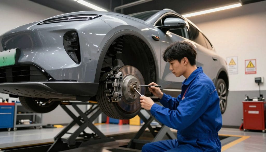 A detailed electric vehicle inspection scene focused on brake system maintenance. In the foreground, a professional technician in a blue jumpsuit examines the brake components with specialized tools, showcasing attention to detail. The middle ground features a sleek, modern electric vehicle elevated on a car lift, with clearly visible brake parts such as rotors and calipers. The background displays a well-lit garage with clean, organized workshop equipment and a few safety notices on the walls, conveying a sense of professionalism. Soft overhead lighting casts a warm glow, creating a focused yet inviting atmosphere. The image should emphasize the importance of thorough maintenance, capturing the essence of modern automotive care.