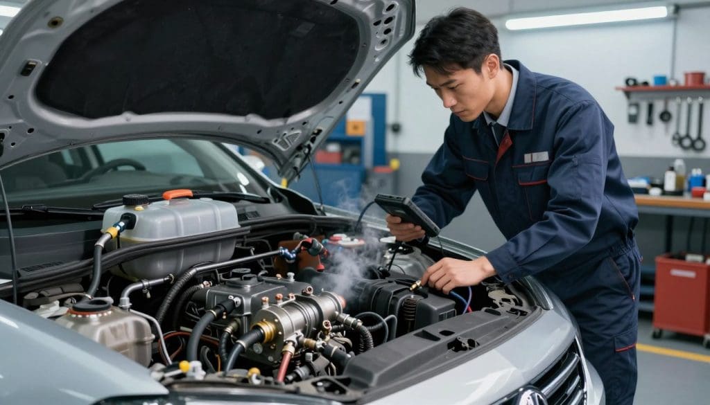 A detailed illustration of a vehicle's fuel system, showcasing parts like the fuel tank, fuel pump, fuel filter, and fuel injectors in an organized layout. In the foreground, an open hood reveals a complex array of fuel lines and components, with a focus on a malfunctioning fuel injector emitting a small puff of vapor. The middle ground features a mechanic in professional business attire, inspecting the fuel delivery system with a diagnostic tool, highlighting the human element of troubleshooting. The background displays a garage workshop with tools and equipment, illuminated by bright overhead lights, creating a technical atmosphere. The overall mood conveys urgency and problem-solving, with a cool color palette of blues and grays. A detailed illustration of a vehicle's fuel system, showcasing parts like the fuel tank, fuel pump, fuel filter, and fuel injectors in an organized layout. In the foreground, an open hood reveals a complex array of fuel lines and components, with a focus on a malfunctioning fuel injector emitting a small puff of vapor. The middle ground features a mechanic in professional business attire, inspecting the fuel delivery system with a diagnostic tool, highlighting the human element of troubleshooting. The background displays a garage workshop with tools and equipment, illuminated by bright overhead lights, creating a technical atmosphere. The overall mood conveys urgency and problem-solving, with a cool color palette of blues and grays.