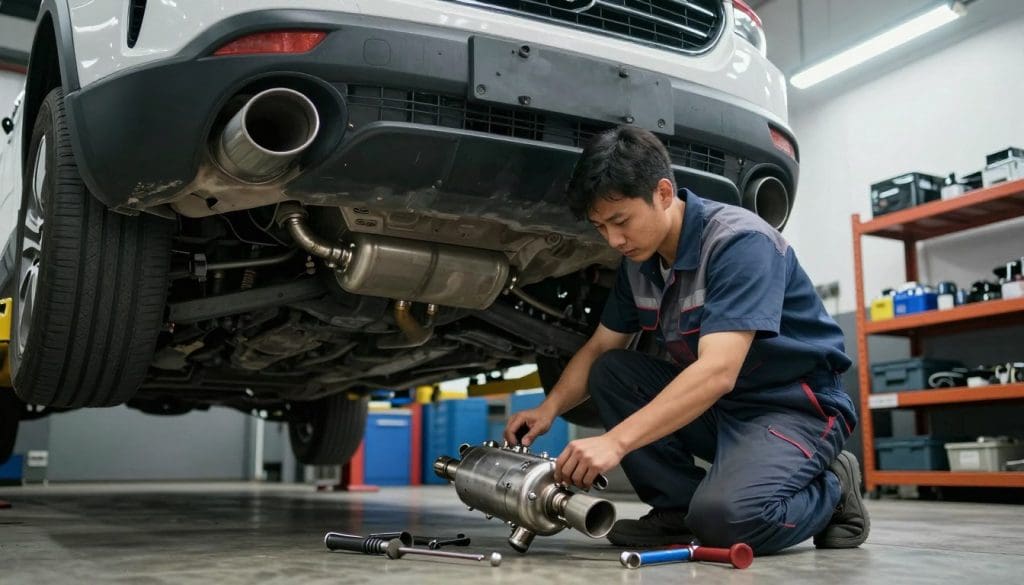 A detailed scene of a mechanic performing catalytic converter maintenance on a car in a well-lit garage. In the foreground, the mechanic, wearing professional work attire, is kneeling beside the vehicle, examining and cleaning the catalytic converter with tools laid out neatly beside them. The middle ground showcases the lifted car, highlighting the undercarriage and exhaust system, with visible components like pipes and the catalytic converter. In the background, shelves with tools and automotive parts are organized, while bright overhead lights create a clean, focused atmosphere. The angle is slightly low, emphasizing both the mechanic's concentration and the intricate details of the vehicle components, conveying a mood of professionalism and diligence in vehicle maintenance. A detailed scene of a mechanic performing catalytic converter maintenance on a car in a well-lit garage. In the foreground, the mechanic, wearing professional work attire, is kneeling beside the vehicle, examining and cleaning the catalytic converter with tools laid out neatly beside them. The middle ground showcases the lifted car, highlighting the undercarriage and exhaust system, with visible components like pipes and the catalytic converter. In the background, shelves with tools and automotive parts are organized, while bright overhead lights create a clean, focused atmosphere. The angle is slightly low, emphasizing both the mechanic's concentration and the intricate details of the vehicle components, conveying a mood of professionalism and diligence in vehicle maintenance.