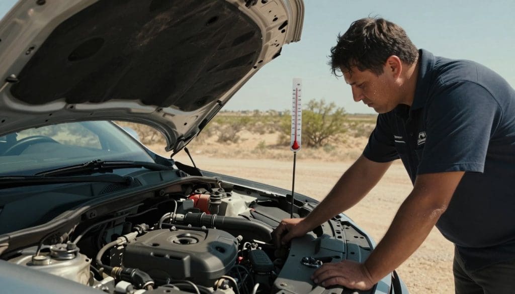 A detailed scene of a vehicle parked in a sun-drenched Texas landscape, illustrating car care during hot weather. In the foreground, a person wearing professional attire examines the engine under the hood, sweat glistening on their brow, showcasing the effort involved in vehicle maintenance. The middle ground features a thermometer reading high temperatures, and a sunshade covering the windshield. In the background, vast open fields with sparse desert vegetation highlight the harsh environment. The lighting is bright and harsh, casting sharp shadows, evoking a feeling of heat and urgency. The atmosphere is tense yet focused, emphasizing the need for regular car care in extreme conditions. Use a wide-angle lens perspective to capture the expansive landscape and the diligent individual caring for their vehicle without any distractions.