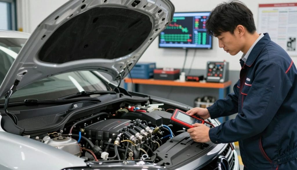 A detailed view of an automotive engine performance check in a well-lit garage. In the foreground, a mechanic in professional business attire is inspecting a car's engine with a diagnostic tool in hand, showcasing concentration and expertise. The middle ground features a shiny, open hood of a modern car, revealing intricate components like spark plugs, fuel injectors, and wiring. The background includes shelves lined with mechanical tools and a large wall-mounted screen displaying engine performance graphs and diagnostics, enhancing the technical atmosphere. Soft, natural lighting illuminates the scene, creating a sense of clarity and focus, while a slightly blurred depth of field directs attention to the mechanic's careful examination of the engine. The mood is industrious and professional, emphasizing the importance of thorough engine checks during vehicle inspections. A detailed view of an automotive engine performance check in a well-lit garage. In the foreground, a mechanic in professional business attire is inspecting a car's engine with a diagnostic tool in hand, showcasing concentration and expertise. The middle ground features a shiny, open hood of a modern car, revealing intricate components like spark plugs, fuel injectors, and wiring. The background includes shelves lined with mechanical tools and a large wall-mounted screen displaying engine performance graphs and diagnostics, enhancing the technical atmosphere. Soft, natural lighting illuminates the scene, creating a sense of clarity and focus, while a slightly blurred depth of field directs attention to the mechanic's careful examination of the engine. The mood is industrious and professional, emphasizing the importance of thorough engine checks during vehicle inspections.
