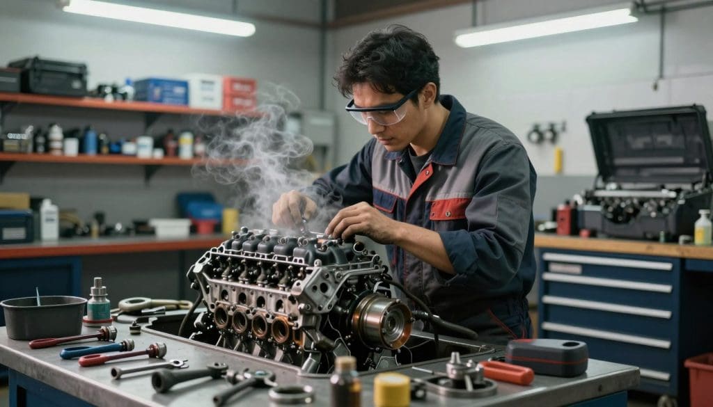 A mechanic in a well-equipped garage is skillfully inspecting an engine with visible overheating signs, such as steam and discolored metal parts. The foreground features an assortment of tools scattered on a workbench, while in the middle, the mechanic, dressed in a professional work uniform with safety goggles, is focused on diagnosing the problem. The background shows shelves filled with automotive parts and a large toolbox, creating a realistic workshop atmosphere. Soft overhead fluorescent lighting casts a bright, clinical glow, highlighting the intricate details of the engine components and the mechanic's concentrated expression. The overall mood is one of diligence and expertise, emphasizing the importance of proper engine maintenance to prevent catastrophic failure.