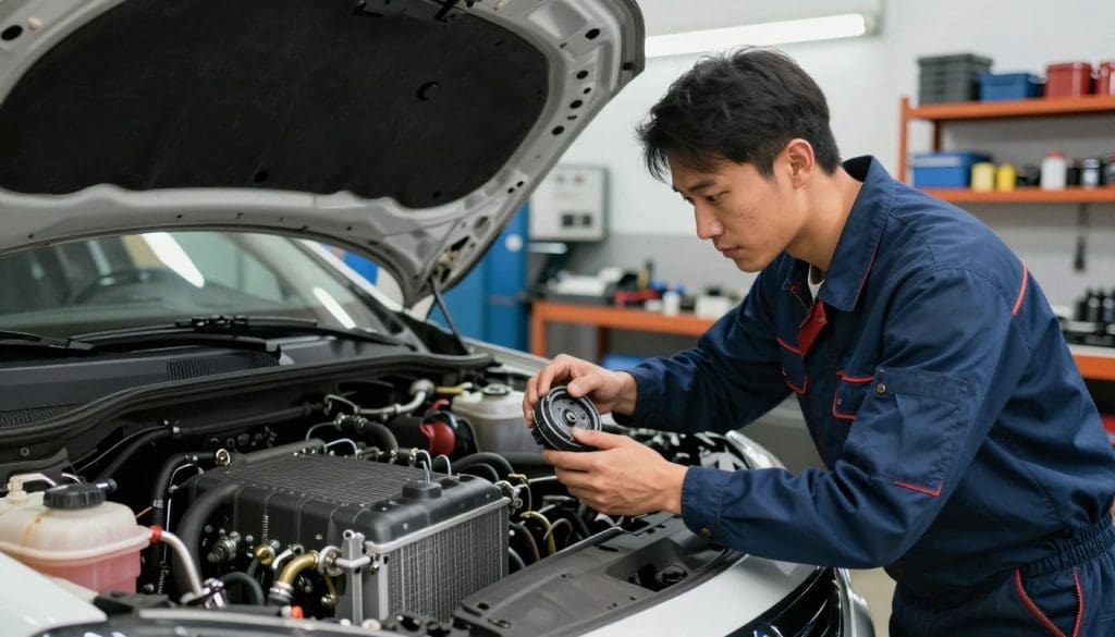 A mechanic in a well-lit garage, carefully examining a vehicle's cooling system. In the foreground, the mechanic, dressed in professional work attire, holds a radiator cap, studying it with focused attention. The middle ground features an open hood revealing a neatly arranged array of cooling components, such as the radiator, hoses, and coolant reservoir, emphasizing their condition. In the background, shelves filled with tools and spare parts suggest an organized workspace, illuminated by bright overhead lights. The atmosphere conveys a sense of professionalism and diligence, highlighting the importance of regular maintenance in preventing overheating. The angle captures the mechanic's concentrated expression, reinforcing the gravity of vehicle care in extreme heat.