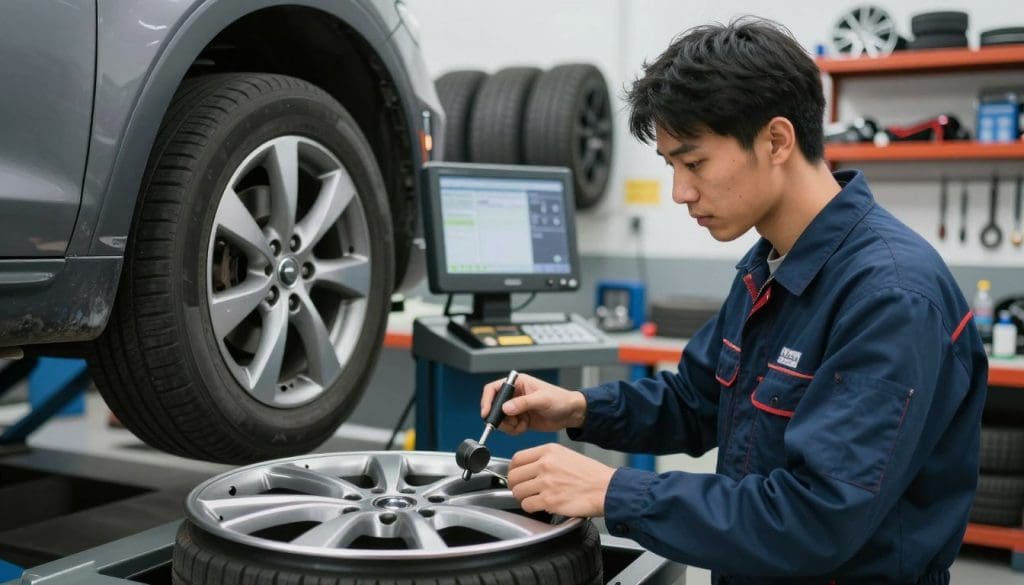 A mechanic in a well-lit garage, dressed in professional attire, examines a car wheel on a diagnostic balancing machine. In the foreground, the detailed view shows the technician adjusting weights on the wheel, using specialized tools. The middle section captures the car on a lift, with diagnostic equipment displaying data about the wheel's balance. The background features shelves filled with tire and automotive tools, adding depth to the scene. Soft, even lighting highlights the mechanic's focused expression, emphasizing the importance of precision in diagnosing vibration issues. The atmosphere is professional and technical, conveying a sense of careful assessment and expertise in automotive repair. A mechanic in a well-lit garage, dressed in professional attire, examines a car wheel on a diagnostic balancing machine. In the foreground, the detailed view shows the technician adjusting weights on the wheel, using specialized tools. The middle section captures the car on a lift, with diagnostic equipment displaying data about the wheel's balance. The background features shelves filled with tire and automotive tools, adding depth to the scene. Soft, even lighting highlights the mechanic's focused expression, emphasizing the importance of precision in diagnosing vibration issues. The atmosphere is professional and technical, conveying a sense of careful assessment and expertise in automotive repair.
