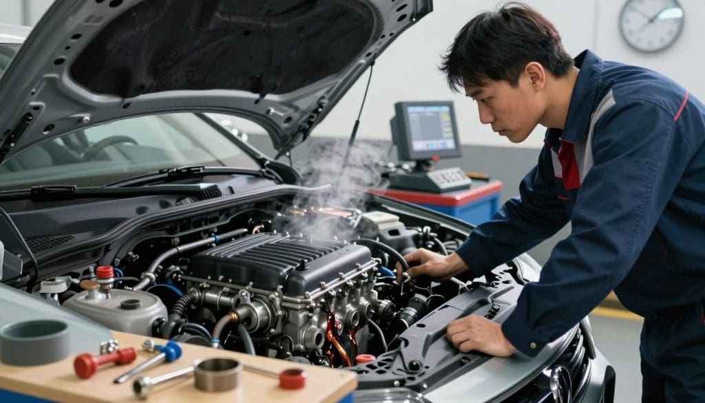 A mechanic in a well-lit garage focuses intently on an overheated car engine, with the hood raised. In the foreground, tools are neatly organized on a workbench, indicating a professional repair environment. The middle ground features a close-up of the engine, showing steam rising from a damaged water pump and coolant visibly leaking. In the background, diagnostic equipment and an illuminated wall clock highlight the urgency of the repair. The lighting is bright and clinical, creating a serious atmosphere, while shadows enhance the depth and detail of the engine components. Capture the mechanic wearing professional attire, showing determination and expertise as they address the overheating issue. The angle should be slightly above eye level, giving an overview of both the mechanic and the engine, allowing for a clear perspective on the repair process.