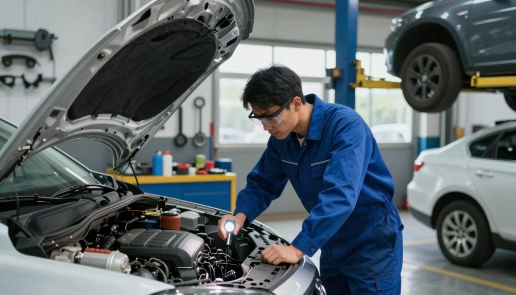 A mechanic in a well-lit garage performs a detailed vehicle inspection on a mid-sized sedan. In the foreground, the mechanic, wearing a blue jumpsuit and safety goggles, examines the engine with a flashlight. The middle ground features a workbench with tools neatly arranged, emphasizing professionalism. In the background, various car parts hang from the wall, and another vehicle is lifted on a hydraulic lift, showcasing the inspection process. Soft, natural lighting filters through the garage windows, creating a calm and focused atmosphere, emphasizing diligence and integrity in vehicle inspections. The composition captures the contrast between the thoroughness of pre-purchase inspections and the efficiency of dealer inspections, conveying the importance of careful evaluation in vehicle purchasing decisions.