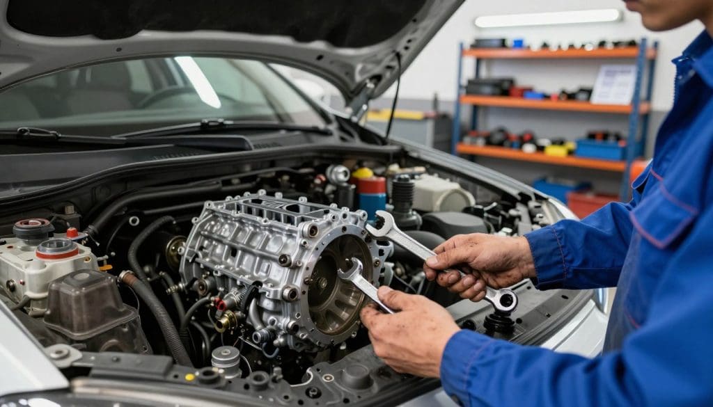 A mechanic in blue coveralls inspects a car's transmission system in a well-organized repair shop filled with tools and engine parts. In the foreground, a close-up of the mechanic's hands holding a wrench, showcasing intricate details and grease smudges. The middle ground features an open car hood, revealing the complex machinery of the transmission, with parts glimmering under overhead fluorescent lights. The background includes a clean workshop environment, with shelves neatly arranged with tools and manuals, reflecting professionalism. The lighting is bright and clinical, casting soft shadows that highlight the detailed work being done. The mood conveys seriousness and expertise, emphasizing the importance of proper transmission maintenance and the potential economic consequences of failure.