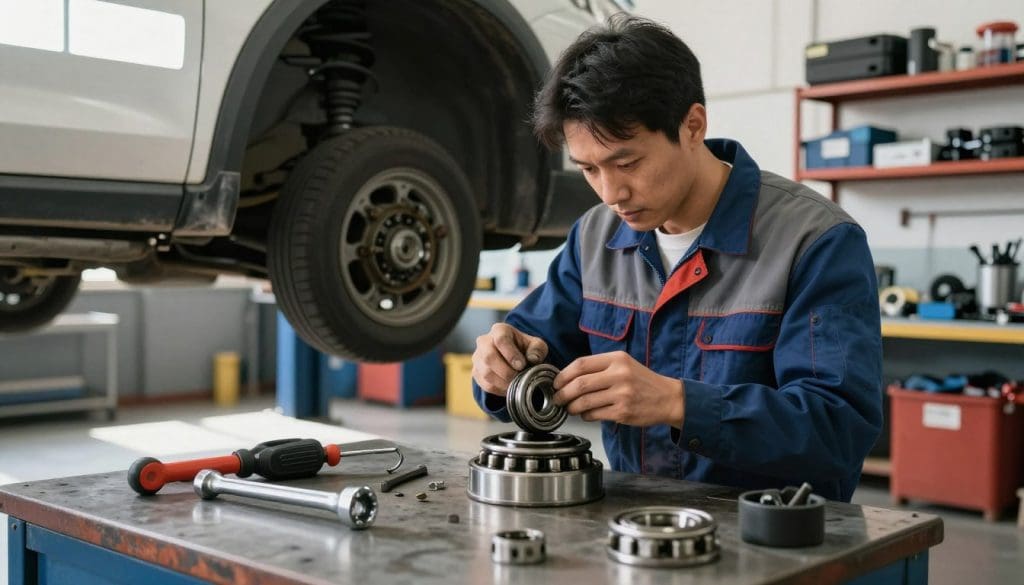 A mechanic in professional attire is focused intently on replacing a wheel bearing inside a well-lit automotive repair shop. In the foreground, tools are neatly arranged, including a wrench and bearing puller, showcasing the precision required for the job. The mechanic’s hands are skillfully removing the old bearing from a car's wheel assembly, emphasizing the importance of timely repairs for vehicle performance. In the middle ground, a partially disassembled vehicle is visible, illustrating the context of the work being done. The background features shelves stocked with automotive parts, creating a busy yet organized environment. Natural light floods through a nearby window, illuminating the scene and casting soft reflections on the mechanic's tools, enhancing the atmosphere of professionalism and focus.