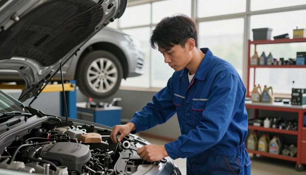 A mechanic performing routine car maintenance in a bright, clean workshop environment. In the foreground, a focused professional in blue coveralls is inspecting the car's engine, holding a wrench. Tools are organized neatly on a workbench nearby, and a car lift is partially visible, elevating another vehicle in the background. Soft, natural light filters through large windows, creating a warm atmosphere that suggests efficiency and care. The camera angle captures the mechanic at eye-level, emphasizing their engagement in the task. The background features shelves filled with spare parts and oil bottles, hinting at the importance of preventative maintenance for vehicle longevity. The overall mood is one of professionalism and reliability, showcasing the value of proactive car care.