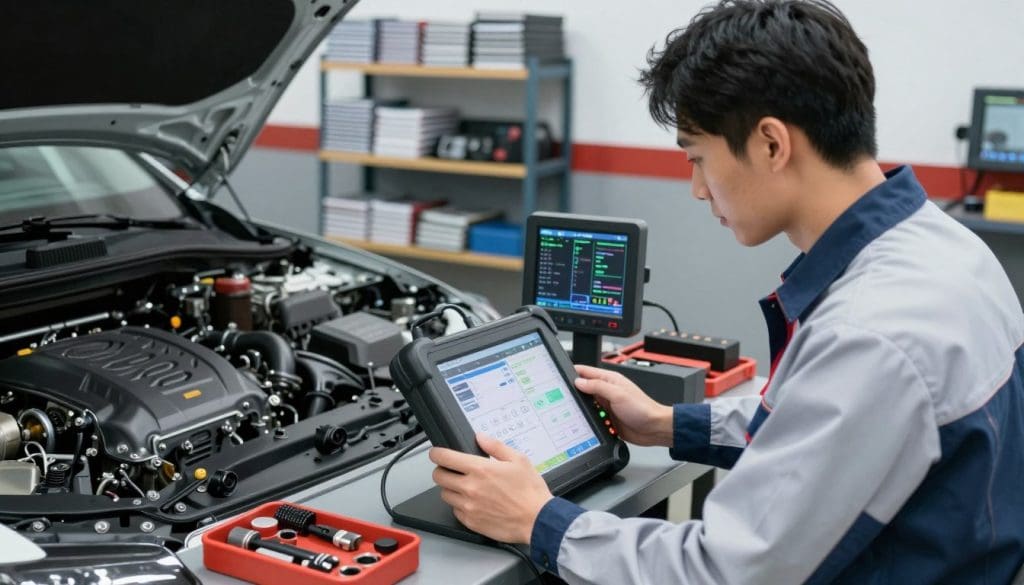 A modern automotive diagnostic scene set in a well-lit, professional garage environment. In the foreground, a skilled technician in neat business attire is intently examining an advanced diagnostic tool connected to a vehicle’s onboard computer, showcasing multiple diagnostic readouts on the screen. The middle ground features a partially disassembled engine, highlighting complex components, while an array of tools is neatly organized nearby. The background displays shelves stocked with automotive manuals and equipment, enhancing the technical ambiance. The lighting is bright and focused, emphasizing clarity and precision, creating a mood of professionalism and expertise. The angle captures both the technician and the engine setup, ensuring a dynamic and informative composition. A modern automotive diagnostic scene set in a well-lit, professional garage environment. In the foreground, a skilled technician in neat business attire is intently examining an advanced diagnostic tool connected to a vehicle’s onboard computer, showcasing multiple diagnostic readouts on the screen. The middle ground features a partially disassembled engine, highlighting complex components, while an array of tools is neatly organized nearby. The background displays shelves stocked with automotive manuals and equipment, enhancing the technical ambiance. The lighting is bright and focused, emphasizing clarity and precision, creating a mood of professionalism and expertise. The angle captures both the technician and the engine setup, ensuring a dynamic and informative composition.