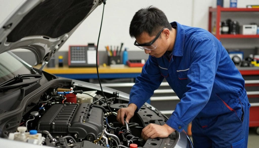A professional automotive technician in a clean workshop, wearing a blue work uniform and safety goggles, leans over the engine of a car with various tools displayed on a nearby workbench. The foreground features detailed close-ups of the engine components being adjusted. In the middle ground, the technician is focused and thoughtful, demonstrating dedication to quality service. The background offers a backdrop of organized tool racks and car manuals, with soft overhead lighting accentuating the workspace, creating a warm and inviting atmosphere. The image captures a sense of professionalism and reliability, reflecting customer testimonials about the value of thorough car tune-ups. The angle is slightly elevated, providing a clear view of the technician's concentration on the work.