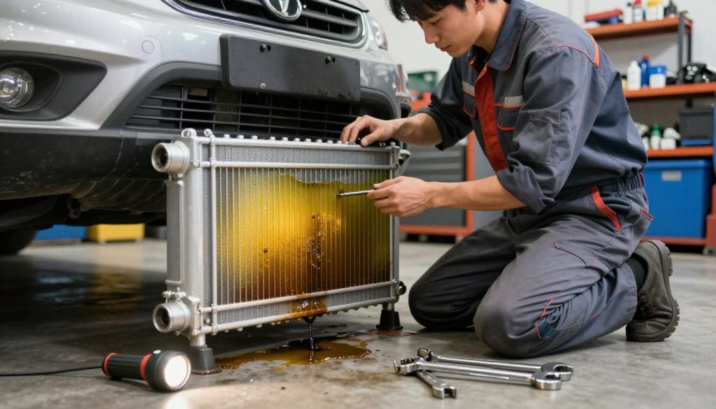 A professional mechanic in a modest uniform kneels beside a car, investigating a cooling system leak. The foreground features tools such as wrenches and a small flashlight on the workshop floor. In the middle, the mechanic carefully inspects a vibrant radiator with visible coolant pooling below it, highlighting the specific point of the leak. The background showcases a well-organized garage with shelves filled with various automotive supplies and equipment. The lighting is bright and focused on the radiator, creating a clean and efficient atmosphere. The overall mood conveys a sense of diligence and proactive maintenance, capturing the essence of preventative care for a vehicle’s cooling system. A professional mechanic in a modest uniform kneels beside a car, investigating a cooling system leak. The foreground features tools such as wrenches and a small flashlight on the workshop floor. In the middle, the mechanic carefully inspects a vibrant radiator with visible coolant pooling below it, highlighting the specific point of the leak. The background showcases a well-organized garage with shelves filled with various automotive supplies and equipment. The lighting is bright and focused on the radiator, creating a clean and efficient atmosphere. The overall mood conveys a sense of diligence and proactive maintenance, capturing the essence of preventative care for a vehicle’s cooling system.