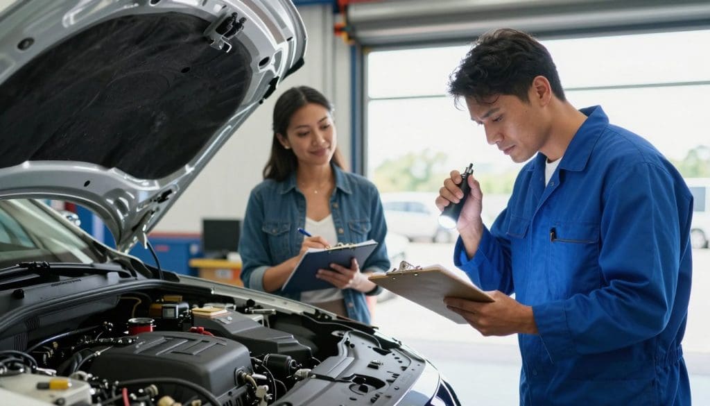 A professional pre-purchase vehicle inspection scene in San Antonio, Texas. In the foreground, a mechanic in a blue coverall, with a clipboard and flashlight, examines the engine bay of a car seated on a raised lift. In the middle ground, a friendly car owner, dressed in smart casual attire, listens attentively, taking notes. The background showcases a well-organized auto inspection garage with bright, natural lighting streaming through large windows, creating a sense of clarity and trust. The atmosphere is serious yet approachable, emphasizing the importance of choosing the right inspection service for vehicle purchase decisions. The angle is slightly low, focusing on the mechanic's interactions, capturing the essence of thoroughness and professionalism in automotive inspections.