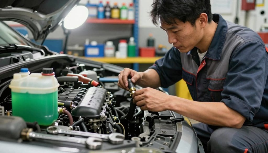 A skilled mechanic in a clean workshop, wearing professional attire, is kneeling beside a car engine, focused on repairing a coolant leak. The foreground features tools like wrenches and a coolant reservoir with vivid green fluid, indicating the leak. In the middle, the mechanic meticulously examines the hose connections, while coolant drips create a sense of urgency. The background shows shelves filled with automotive supplies and a bright overhead light illuminating the workspace, creating a warm yet industrious atmosphere. The angle is slightly above eye level, capturing both the mechanic's concentration and the intricate details of the engine components. This setting evokes a sense of professionalism and technical expertise.