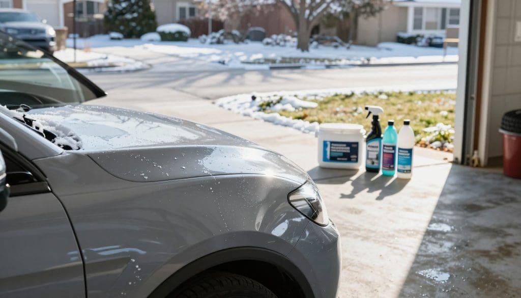 A sleek, polished vehicle parked in a bright, sunlit driveway surrounded by a winter landscape, demonstrating vehicle exterior protection techniques. In the foreground, highlight a close-up of the car's shiny, protected surface showcasing a high-quality wax layer that repels winter elements like ice and snow. In the middle ground, depict protective products such as ceramic coating containers and tire cleaners neatly arranged on a clean, open garage surface. In the background, illustrate a Texas winter scene with occasional patches of snow and frost on the surrounding grass, adding to the atmosphere of seasonal maintenance. The lighting should be bright and natural, enhancing the vehicle's glossy exterior. Capture a professional and reassuring mood, emphasizing care and preparation for winter challenges.