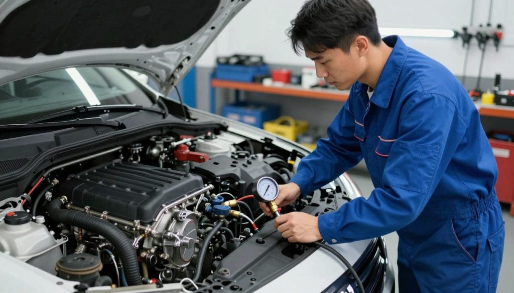 A technician in a neat, modern workshop is conducting a pressure test on a vehicle's cooling system. In the foreground, the technician, wearing a professional blue jumpsuit, is focused on a manometer connected to the cooling system, revealing precise gauges and measurements. The middle ground features a detailed engine bay, showcasing a gleaming engine and various coolant hoses. In the background, there are shelves filled with tools and equipment, softly illuminated by fluorescent lighting, creating an organized yet industrial atmosphere. The image is captured from a slightly elevated angle, emphasizing the technician’s concentration and the intricate components of the cooling system. Overall, the mood is professional and technical, highlighting the diagnostic process in automotive maintenance.