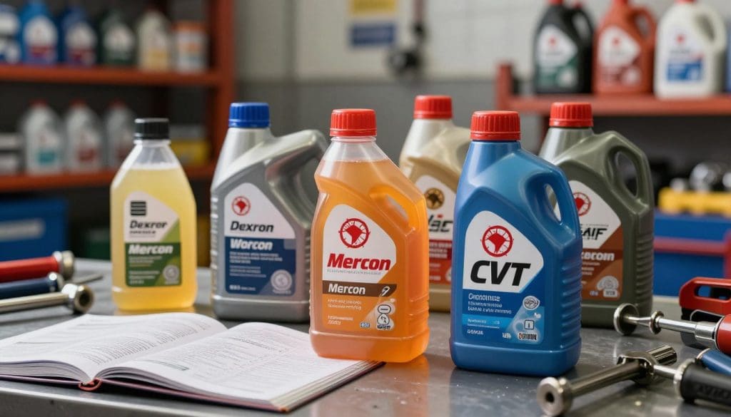 A vibrant and informative display featuring various types of transmission fluid, arranged in clear bottles of distinct colors and labels, showcasing the differences in viscosity and composition. In the foreground, three prominent bottles labeled "Dexron," "Mercon," and "CVT" are highlighted, glistening under warm, soft lighting that emphasizes their transparency and color variations. The middle ground presents a workbench cluttered with automotive tools and a neatly open service manual, hinting at the technical nature of the topic. In the background, a blurred workshop scene with shelves of automotive supplies and fluid samples creates a professional vibe. The overall atmosphere should be clean and educational, inviting readers to understand the importance of choosing the right transmission fluid.