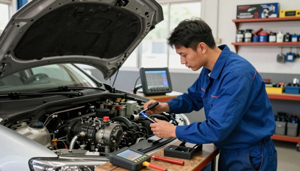 A well-lit automotive repair shop scene focused on a mechanic diagnosing a power steering system. In the foreground, a technician in a blue work shirt and pants is intently examining the steering assembly with tools in hand, surrounded by various automotive equipment. The mechanic's expression reflects concentration and professionalism. The middle ground features an open car hood, revealing the engine, with the power steering pump clearly visible. Tools are organized on a nearby workbench, and a digital diagnostic tool glows softly, indicating advanced technology at play. The background shows shelves filled with automotive parts and a poster about power steering maintenance. Natural light from a nearby window adds warmth and realism to the atmosphere, enhancing the importance of professional diagnostics in steering system repair. A well-lit automotive repair shop scene focused on a mechanic diagnosing a power steering system. In the foreground, a technician in a blue work shirt and pants is intently examining the steering assembly with tools in hand, surrounded by various automotive equipment. The mechanic's expression reflects concentration and professionalism. The middle ground features an open car hood, revealing the engine, with the power steering pump clearly visible. Tools are organized on a nearby workbench, and a digital diagnostic tool glows softly, indicating advanced technology at play. The background shows shelves filled with automotive parts and a poster about power steering maintenance. Natural light from a nearby window adds warmth and realism to the atmosphere, enhancing the importance of professional diagnostics in steering system repair.