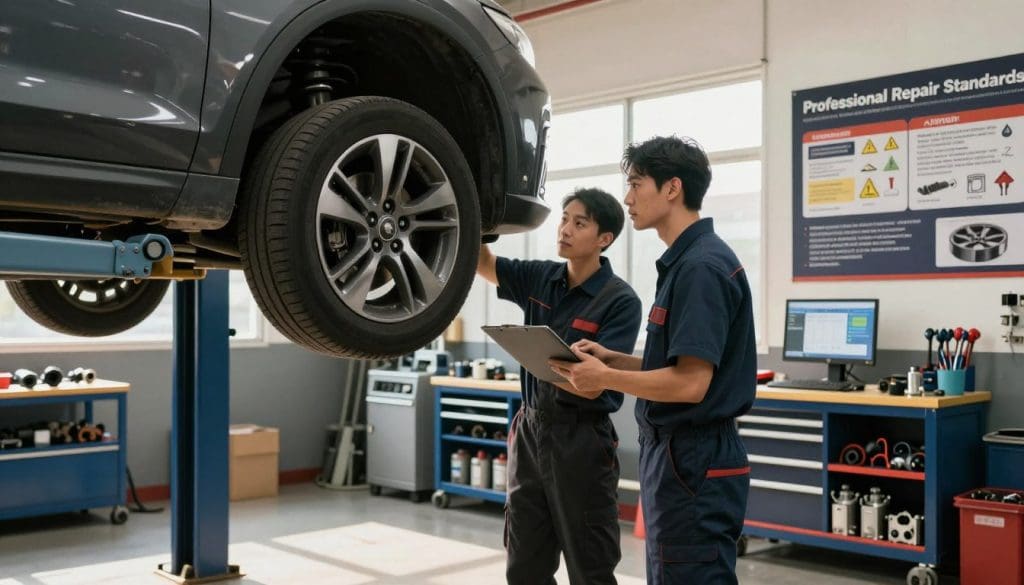 A well-lit automotive repair shop, showcasing a team of two technicians in professional business attire, focused on examining a car on a hydraulic lift. In the foreground, the car's wheels are elevated, revealing intricate suspension components. The middle ground features a workbench with high-quality tools, a computer displaying diagnostic software, and a large poster on the wall emphasizing "Professional Repair Standards" and safety protocols. The background includes shelves stocked with replacement parts and machinery, all rendered in sharp detail. Soft daylight filters through large windows, casting a warm glow that creates a productive, inviting atmosphere. The overall mood conveys professionalism, attention to detail, and a commitment to quality automotive service. A well-lit automotive repair shop, showcasing a team of two technicians in professional business attire, focused on examining a car on a hydraulic lift. In the foreground, the car's wheels are elevated, revealing intricate suspension components. The middle ground features a workbench with high-quality tools, a computer displaying diagnostic software, and a large poster on the wall emphasizing "Professional Repair Standards" and safety protocols. The background includes shelves stocked with replacement parts and machinery, all rendered in sharp detail. Soft daylight filters through large windows, casting a warm glow that creates a productive, inviting atmosphere. The overall mood conveys professionalism, attention to detail, and a commitment to quality automotive service.