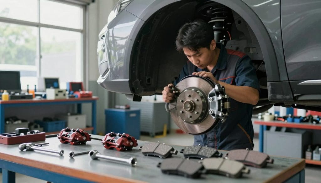 A well-lit automotive workshop focusing on hybrid vehicle maintenance, with a mechanic in a professional uniform inspecting a hybrid car's brake system. In the foreground, show close-up tools—like brake calipers, a wrench, and brake pads—spread out neatly on a workbench. In the middle, the mechanic is intently working on the brake assembly, displaying focused concentration. The background features shelves stocked with tools and hybrid vehicle parts, enhancing the automotive environment. Use natural daylight streaming through a large window for a realistic illumination effect, and capture the scene with a slight depth of field to keep the focus on the mechanic and the brake system, evoking a mood of diligence and professionalism in vehicle maintenance.