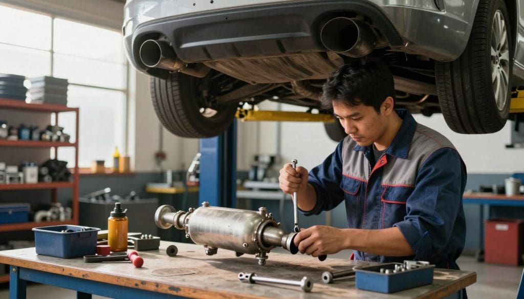 A well-lit automotive workshop scene featuring a mechanic in professional attire, focused on repairing a catalytic converter. In the foreground, the mechanic is using a wrench to tighten bolts on a catalytic converter, showcasing a detailed and clean workbench with tools and equipment neatly arranged. The middle ground displays a car raised on a hydraulic lift, with the exhaust system partially visible, emphasizing the catalytic converter's location. The background includes shelves stocked with automotive parts and a large window allowing natural light to filter in, creating a warm and inviting atmosphere. The overall mood is industrious and professional, capturing the essence of quality automotive service. A well-lit automotive workshop scene featuring a mechanic in professional attire, focused on repairing a catalytic converter. In the foreground, the mechanic is using a wrench to tighten bolts on a catalytic converter, showcasing a detailed and clean workbench with tools and equipment neatly arranged. The middle ground displays a car raised on a hydraulic lift, with the exhaust system partially visible, emphasizing the catalytic converter's location. The background includes shelves stocked with automotive parts and a large window allowing natural light to filter in, creating a warm and inviting atmosphere. The overall mood is industrious and professional, capturing the essence of quality automotive service.