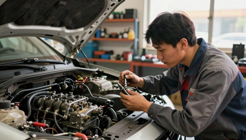 A well-lit automotive workshop setting with a focus on a mechanic repairing a vehicle's power steering system. In the foreground, the mechanic, wearing professional work attire, is intently inspecting the steering rack, showing detailed attention to the intricate components. Tools are scattered around, evidencing an active repair process. In the middle, an open car hood reveals the engine, emphasizing the connection to the steering system with visible hydraulic lines. The background features shelves stacked with tools and spare parts, accentuating the industrious atmosphere. Warm, natural light filters through the workshop windows, creating a warm and inviting mood, while the camera angle is slightly tilted upwards, providing a dynamic perspective that highlights the mechanic's focus and expertise, capturing the essence of automotive repair. A well-lit automotive workshop setting with a focus on a mechanic repairing a vehicle's power steering system. In the foreground, the mechanic, wearing professional work attire, is intently inspecting the steering rack, showing detailed attention to the intricate components. Tools are scattered around, evidencing an active repair process. In the middle, an open car hood reveals the engine, emphasizing the connection to the steering system with visible hydraulic lines. The background features shelves stacked with tools and spare parts, accentuating the industrious atmosphere. Warm, natural light filters through the workshop windows, creating a warm and inviting mood, while the camera angle is slightly tilted upwards, providing a dynamic perspective that highlights the mechanic's focus and expertise, capturing the essence of automotive repair.