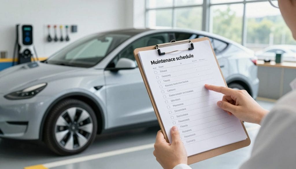 A well-organized EV maintenance schedule displayed prominently on a clipboard, featuring bullet points and checkboxes for various service intervals like tire rotation, battery health checks, and software updates. In the foreground, a pair of hands in professional attire, perhaps with a smartwatch, holding the clipboard and pointing at the schedule. The middle layer includes a modern electric vehicle parked next to a sleek charging station, showcasing a clean, eco-friendly environment. In the background, a bright and airy workshop with tools neatly arranged, surrounded by large windows letting in natural light. The overall mood is professional and informative, focused on clarity and organization, with gentle, diffused lighting to enhance detail without glare.