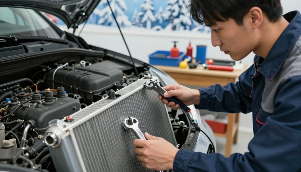 A well-organized garage setting featuring a close-up view of a car's cooling system. In the foreground, a mechanic in professional attire inspects a shiny radiator, ensuring its integrity with gleaming tools reflecting soft overhead lighting. The middle ground showcases various car maintenance tools, organized neatly beside the car. In the background, a winter-themed mural subtly hints at the seasonal context, with frosty patterns and a gentle blue hue to evoke a chilly atmosphere. The angle is slightly tilted to create depth, emphasizing the importance of cooling system maintenance. The overall mood conveys professionalism and diligence, with a focus on maintaining vehicle reliability during seasonal transitions.