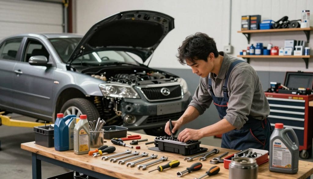 A workshop scene focused on auto repair tips for DIY enthusiasts. In the foreground, a well-organized workbench cluttered with essential tools like wrenches, screwdrivers, and oil cans, emphasizing a hands-on approach to car maintenance. A mechanic in modest casual clothing, actively inspecting a car engine, conveys expertise and dedication to auto care. The middle ground features a partially disassembled car under bright LED lights, highlighting key areas like the engine and wheels, with a detailed toolbox on display that suggests readiness for repairs. The background displays a clean and well-lit garage, featuring shelves stocked with auto parts and manuals. The atmosphere is practical and encouraging, designed to inspire confidence in DIY car repair. The image captures a sense of organized chaos typical of a passionate enthusiast's workspace, with a warm, inviting light setting the mood.