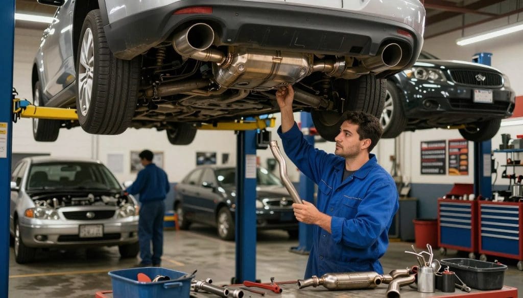 A busy automotive repair shop focused on exhaust system repairs in San Antonio. In the foreground, a technician in a blue uniform meticulously examines a car's exhaust under bright workshop lights, surrounded by tools and equipment. The middle area features a backdrop of several cars on lift racks, showcasing various stages of exhaust repair, including mufflers and pipes. The background shows the interior of the shop with organizational elements such as toolboxes and service posters, enhancing the professional atmosphere. Soft lighting creates a warm ambiance, highlighting the diligence and expertise of the staff. The overall mood is industrious and inviting, reflecting a trustworthy and high-quality exhaust repair service.