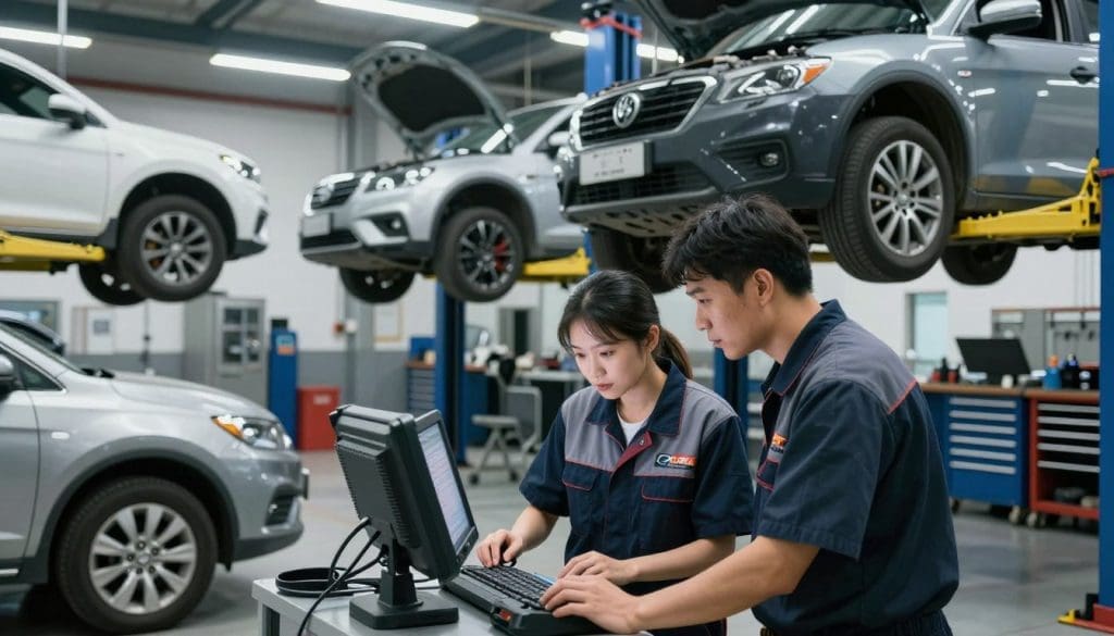 A busy automotive workshop scene featuring certified technicians working on vehicles. In the foreground, two mechanics, a man and a woman, are collaborating over an advanced diagnostic tool, wearing professional attire with automotive company logos. They are focused and engaged, displaying teamwork. In the middle ground, various vehicles are raised on hydraulic lifts, showcasing different stages of a tune-up service—engine inspection, tire rotation, and fluid checks. The background depicts tool storage, bright overhead fluorescent lights illuminating the space, giving a clean and industrious feel. The mood is professional and dedicated, emphasizing the technicians' expertise in providing high-quality automotive service. The camera angle captures the action from slightly above eye level, creating a dynamic perspective of the bustling automotive environment.