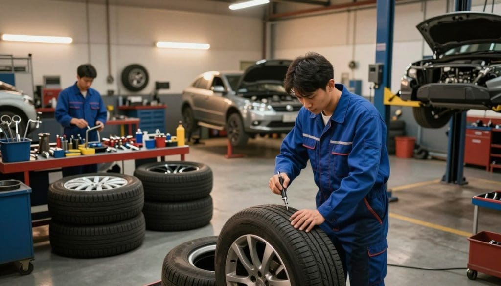 A busy automotive workshop showcasing a well-organized vehicle maintenance area emphasizing efficiency. In the foreground, a skilled mechanic in professional blue coveralls inspects a tire on a car, using precision tools. The middle ground features neatly arranged tools and tires ready for rotation, conveying a sense of order. In the background, vehicles are being serviced under soft, warm overhead lighting that creates a welcoming atmosphere. The angle of the shot is slightly elevated, capturing a wide view of the workspace, highlighting both the mechanic's focused expressions and the tools of the trade. The overall mood is industrious and professional, emphasizing the importance of regular vehicle maintenance in extending vehicle life.