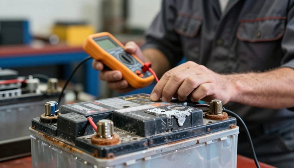 A close-up image of a car battery on a workbench, displaying visible signs of corrosion and wear. The foreground highlights the battery terminals with rust and a white powdery substance, indicating possible failure. In the middle, a mechanic in modest casual clothing carefully inspects the battery with a multimeter, emphasizing a professional examination. The background is softly blurred, showing a well-organized garage filled with tools and car parts, enhancing the environment of automotive care. The lighting is bright and focused, creating a serious and informative mood. The camera angle is slightly elevated, capturing the details clearly while maintaining a professional atmosphere. The image conveys the importance of recognizing early warning signs of battery failure without any text or distractions.