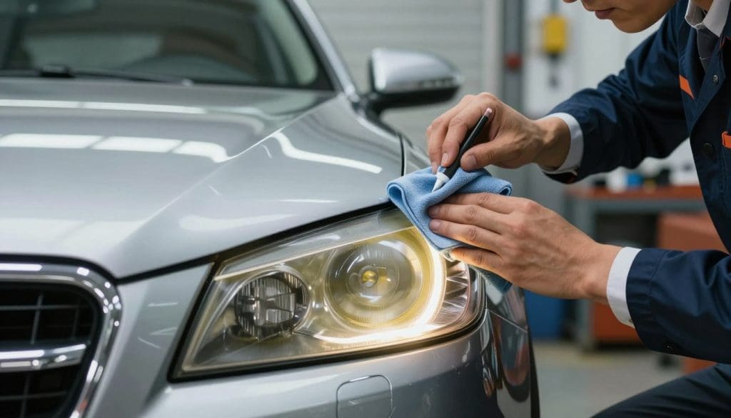 A close-up image showcasing the process of headlight restoration on a car. In the foreground, a technician, dressed in professional business attire, is carefully applying a restoration solution to a dulled, yellowed headlight lens, using a soft, high-quality microfiber cloth. In the middle ground, the car's hood shines under bright workshop lighting, highlighting the contrast between the restored headlight and its cloudy counterpart. In the background, a softly blurred garage environment filled with tools and equipment creates an industrious atmosphere. The image captures a sense of professionalism and diligence, emphasizing the importance of maintaining clear headlights for safety during night driving. Use vivid, realistic lighting to enhance the clarity and focus on the headlight restoration process.