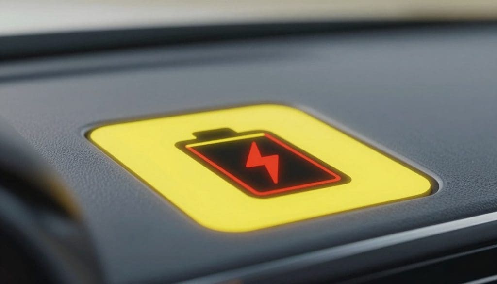 A close-up view of a battery charge warning symbol, designed with a bright yellow background and a bold red lightning bolt superimposed on a black battery icon. The symbol should be clearly illuminated, emphasizing its importance as a warning light on a car dashboard. The foreground features a glossy, high-tech dashboard material to give a modern automotive feel. The middle ground showcases subtle reflections and shadows to create depth, while the background is softly blurred, suggesting a sleek vehicle interior. The lighting is bright and focused on the warning symbol, casting a slight glow to enhance visibility. The overall atmosphere is alert and informative, reflecting urgency without being alarming.