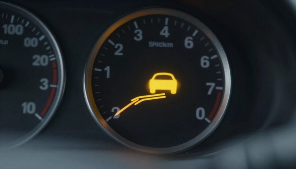A close-up view of a car dashboard, focusing on the stability control system indicator light. The indicator glows brightly in a vivid yellow or amber color, contrasting against a sleek black dashboard background. The surrounding icons are subtly blurred to keep attention on the stability control light, which is depicted as a car with tire skid marks beneath it, symbolizing traction control. The dashboard is illuminated with soft, ambient lighting, enhancing the modern look. A realistic perspective, as if viewed from the driver’s seat, adds depth to the image. The overall atmosphere is informative and technical, conveying a sense of clarity and understanding regarding vehicle safety systems.