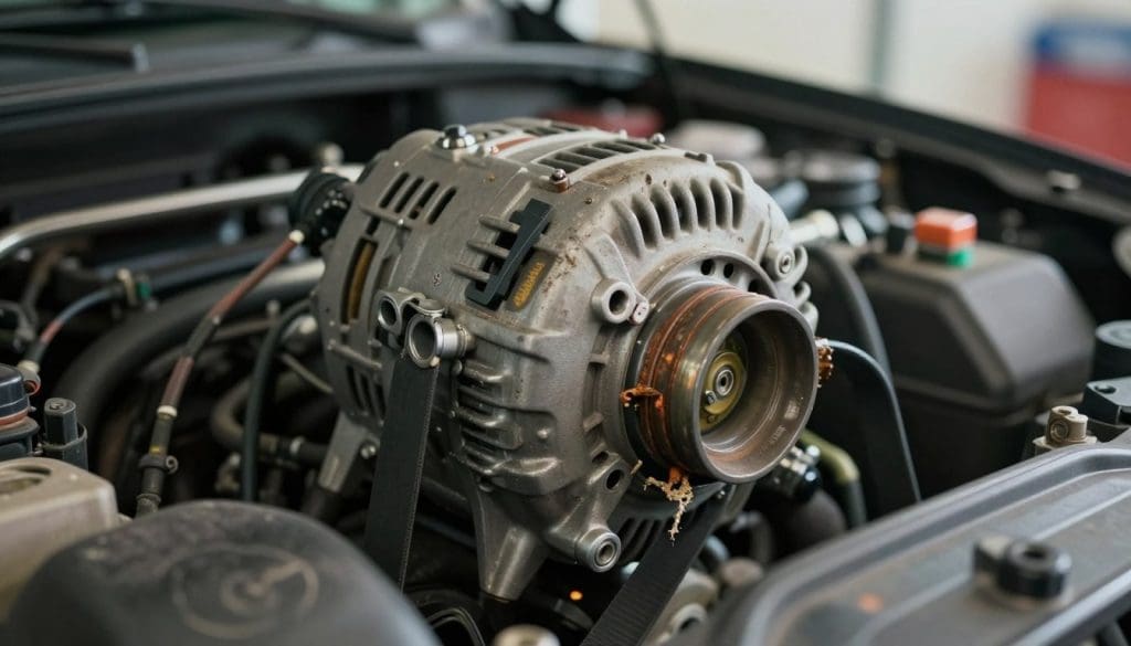 A close-up view of a car engine focusing on the alternator, showcasing visible warning signs of failure such as a frayed belt and corroded connections. In the foreground, include detailed textures of the worn alternator components, emphasizing rust and dirt. In the middle ground, feature wires with exposed insulation and a faint, flickering battery light indicator to illustrate malfunction. The background should display a blurred mechanic's garage, providing context while ensuring the foreground remains the focus. Use soft, diffused lighting to create a serious and urgent mood, capturing the essence of an impending automotive issue. The image should be sharply in focus, with a slight vignette effect to draw attention to the alternator area without any text or distractions.