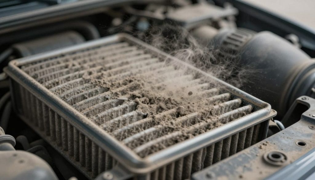 A close-up view of a car's air intake system, with a dirty air filter prominently displayed in the foreground. The filter is covered in layers of dust and debris, illustrating how contaminants obstruct airflow. In the middle ground, visualize the air flowing irregularly around the filter, with visible dust particles swirling in the air. The background features a blurred engine compartment to provide context without distraction. Soft, diffused lighting highlights the textures of the dirt and filter material, capturing the mood of neglect and mechanical struggle. Use a macro lens effect to enhance details, focusing on the contrast between the clean air passages and the filthy filter. The atmosphere conveys a sense of urgency for vehicle maintenance.