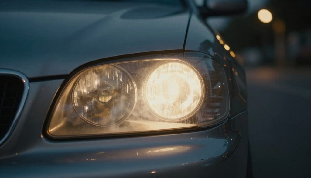A close-up view of a car's front headlight lenses in a gently illuminated setting, showcasing a pair of cloudy, yellowing lenses that indicate wear and need for repair. The foreground emphasizes the texture of the lenses, with light refracting off their surface, creating a slightly diffused glow that reflects the concern for diminished visibility. The middle ground features the car's sleek body, slightly blurred to keep attention on the headlights. The background shows a dimly lit urban street, hinting at nighttime driving conditions, with soft streetlights casting a warm glow. The overall mood conveys an urgent alertness, emphasizing the importance of proper lighting for safety while driving at night.
