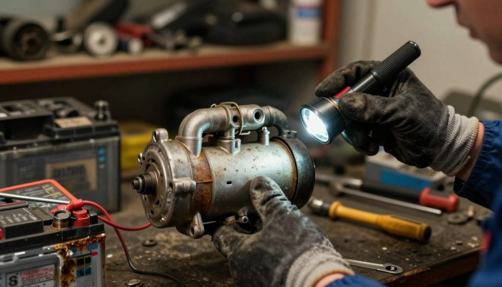 A close-up view of a car's starter motor, showcasing symptoms of failure. The foreground features a mechanic's hands wearing gloves, inspecting the starter with a flashlight. The starter appears rusted with visible wear and tear, alongside a battery showing signs of corrosion. In the middle ground, there are assorted tools like a wrench, screwdriver, and a multimeter, hinting at diagnostic work. The background displays a dimly lit garage environment with shelves cluttered with automotive parts, emphasizing a realistic workshop setting. The warm lighting casts subtle shadows, creating an atmosphere of focused tension. The angle is slightly tilted to give a dynamic perspective, drawing attention to the starter's condition without any text or distractions.