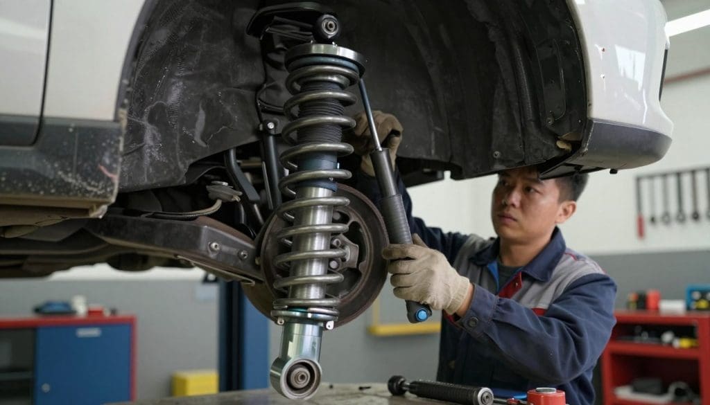 A close-up view of a car's suspension system displaying various symptoms of wear and tear. In the foreground, highlight notable components such as worn shock absorbers and sagging springs with detailed textures and realistic reflections. The middle ground features the undercarriage of a vehicle partially lifted, showcasing a mechanic examining the suspension with focused expressions, dressed in professional work attire. The background includes a well-lit garage setting with tools and equipment arranged neatly, complemented by soft overhead lighting that casts subtle shadows to enhance depth. The overall mood should convey a sense of urgency and professionalism, emphasizing the importance of vehicle maintenance and safety.