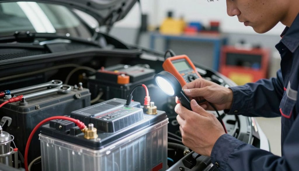 A close-up view of a modern car's battery under inspection, showcasing detailed components like cables, terminals, and a digital multimeter measuring voltage. In the foreground, a mechanic in a professional business attire carefully examines the battery, illuminating it with a bright LED work light to highlight its metallic texture and the indicators for battery health. The middle ground features tools like a wrench and battery testing device, adding context to the diagnostic process. The background should be a soft-focus garage setting, hinting at various auto repair tools and shelves without distraction. The atmosphere conveys a serious and focused mood, emphasizing the importance of battery health in vehicle maintenance, with natural daylight filtering through an overhead window to enhance visibility.
