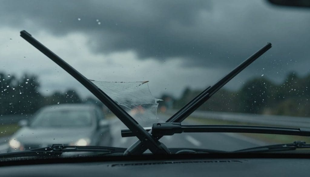 A close-up view of a windshield showing worn-out wiper blades in action during a rainstorm, with droplets cascading down the glass. In the foreground, emphasize the blades, one revealing frayed edges and a streak of water left behind, illustrating their insufficiency. The middle ground features the blurred outline of a car's dashboard, hinting at a driver on the verge of noticing these signs. The background showcases a stormy sky with dark clouds, creating a moody atmosphere, enhanced by dim, diffused lighting. Capture the scene at a slight upward angle to convey urgency, while maintaining clarity of the wipers’ condition. The overall mood should highlight the importance of visibility during adverse weather, suggesting a need for action.