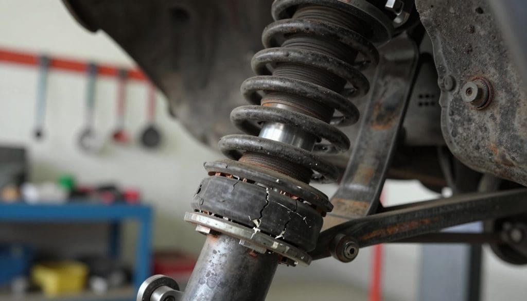 A close-up view of worn suspension components, showcasing heavily degraded bushings and cracked mounts, with visible signs of wear and tear. In the foreground, the focus is on a pair of deteriorated rubber bushings, featuring cracks and chips, partially obscured by rusty metal components. The middle layer reveals a suspension arm with exposed metal, emphasizing corrosion and loose fittings. In the background, a softly blurred garage workspace conveys a practical atmosphere, with tools hanging on the wall and soft, diffused lighting illuminating the scene. The angle is slightly tilted to create depth, enhancing the technical detail. The mood is gritty and realistic, reflecting the importance of properly maintained suspension for vehicle performance.