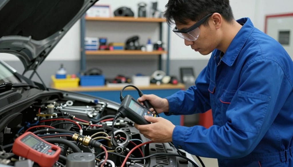 A detailed automotive workshop scene depicting a professional mechanic, dressed in a blue coverall and safety goggles, engaged in fuel system diagnostic procedures. In the foreground, the mechanic is holding a diagnostic scanner connected to a car's fuel pump, showcasing the intricate wiring and fuel lines. The middle ground features various tools and equipment laid out on a workbench, including wrenches, multimeters, and fuel line adapters. The background includes a well-lit workshop with shelves of automotive parts and manuals, emphasizing a technical and clean environment. Soft overhead lighting creates a focused atmosphere, highlighting the diagnostic process while adding depth to the scene. The overall mood is professional, emphasizing the importance of precision in automotive repairs.