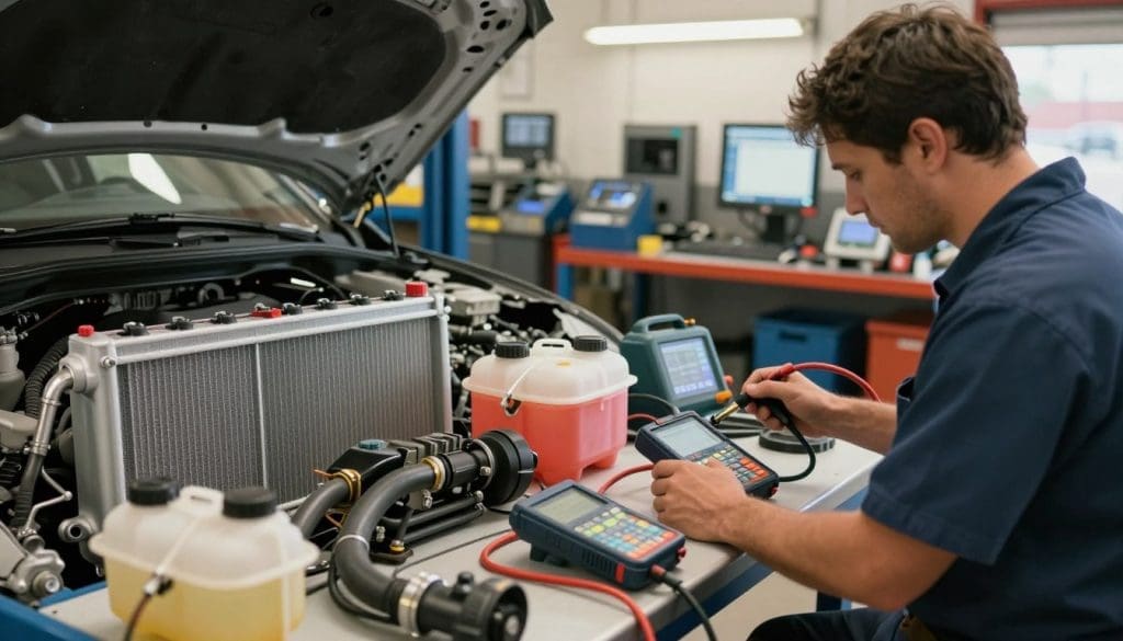 A detailed automotive workshop scene focusing on comprehensive radiator cooling system services. In the foreground, a professional mechanic wearing a clean uniform inspects a car's radiator, using tools like a pressure tester and coolant analyzer. The middle of the image showcases various cooling system components—radiators, hoses, and a coolant reservoir—arranged neatly on a workbench. In the background, bright workshop lighting illuminates a well-organized garage filled with car parts and diagnostic equipment, conveying a sense of professionalism and expertise. The overall atmosphere is industrious and focused, with a slightly warm color palette to reflect the Texas heat. Use a slightly wide-angle perspective to capture both the mechanic and the array of tools and parts surrounding them.