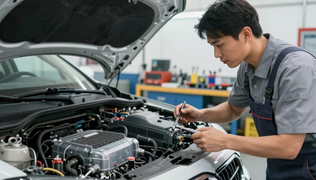 A detailed automotive workshop scene showcasing the benefits of timely AC maintenance. In the foreground, a mechanic in professional business attire is inspecting a car’s air conditioning system, holding tools with a focused expression. In the middle, the car has a transparent section revealing clean and well-maintained components, symbolizing reliability and efficiency. The background features a well-organized workshop with tools neatly arranged and bright overhead lighting illuminating the scene for a professional atmosphere. Soft natural lighting creates a warm and inviting mood. The angle is slightly elevated to capture both the mechanic’s actions and the intricate workings of the AC system, emphasizing the importance of maintenance.